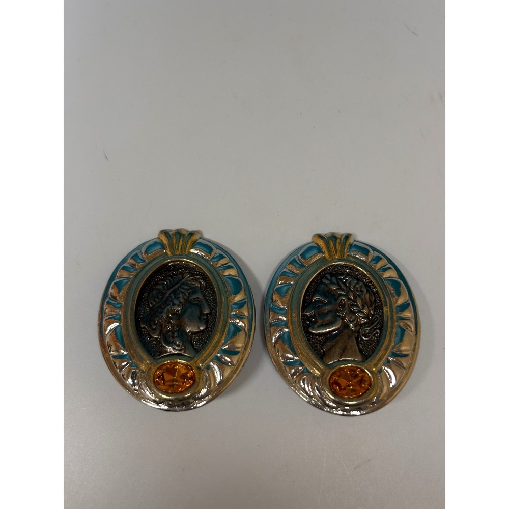 Vintage Two Tone Greco‎ Roman Coin Style Clip On Earrings Honey Rhinestone Oval